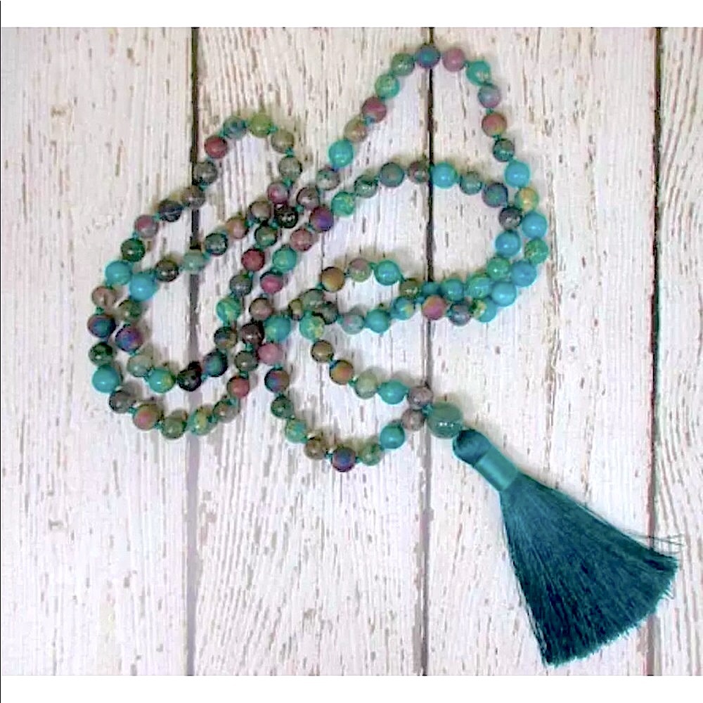Apatite 108 gemstone Mala prayer bead necklace
